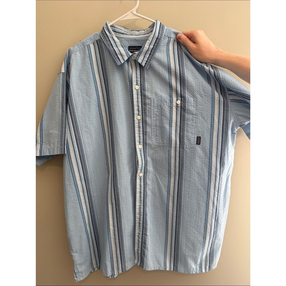 Patagonia Light Blue Striped Short-Sleeve Button-Down Shirt Seersucker